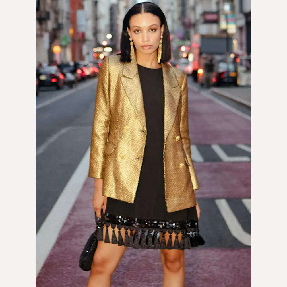 KIMLUD, Fashion Metallic Gold Suit Jacket Women Vintage Single Breasted Long Sleeve Casual Blazer Coat 2023 Office Lady Street Outerwear, KIMLUD Womens Clothes