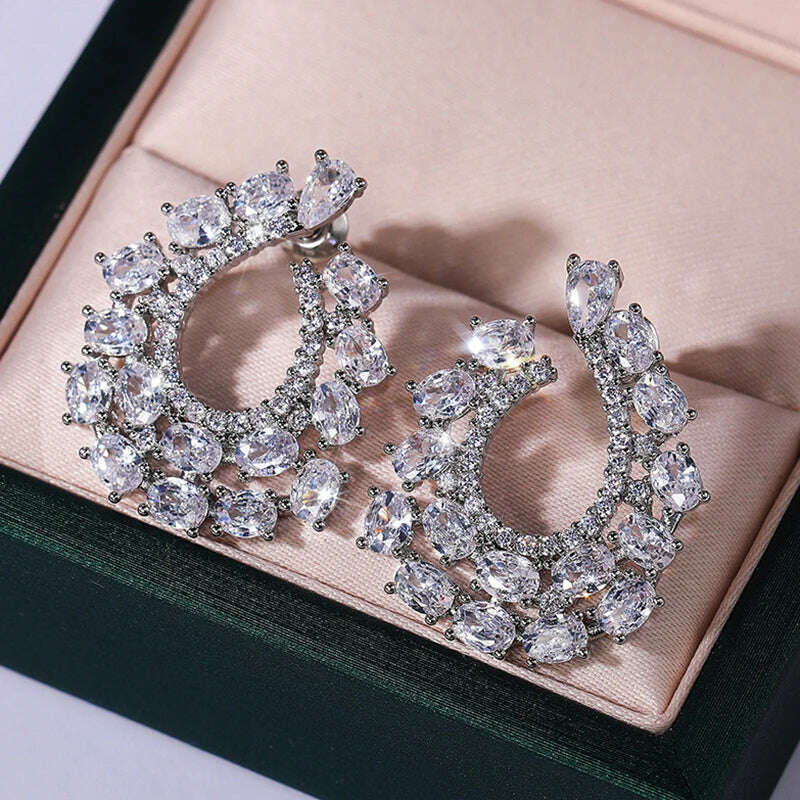 Fashion Noble White Cubic Zirconia Paved Big CZ stud Earrings for Women party wedding earings Brand Jewelry - KIMLUD