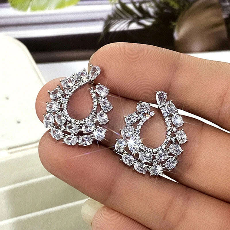 Fashion Noble White Cubic Zirconia Paved Big CZ stud Earrings for Women party wedding earings Brand Jewelry - KIMLUD