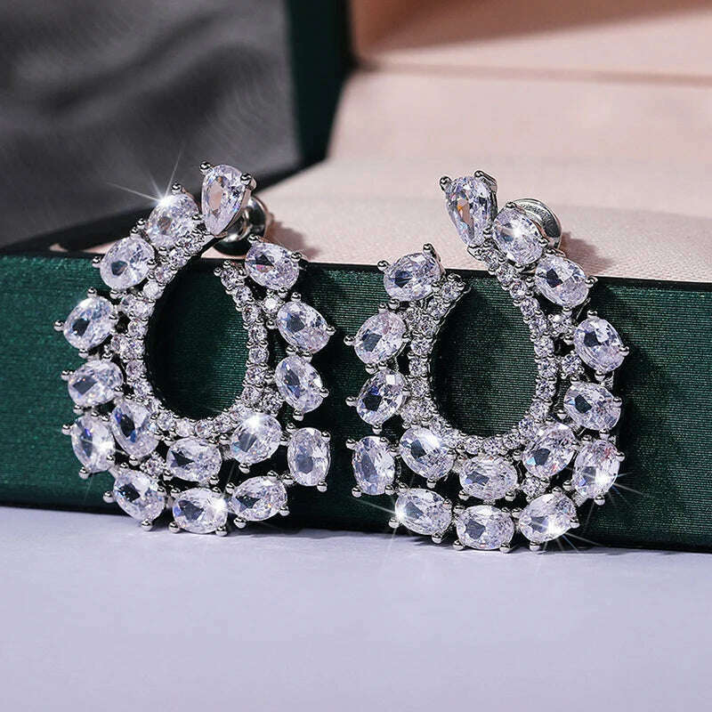 Fashion Noble White Cubic Zirconia Paved Big CZ stud Earrings for Women party wedding earings Brand Jewelry - KIMLUD