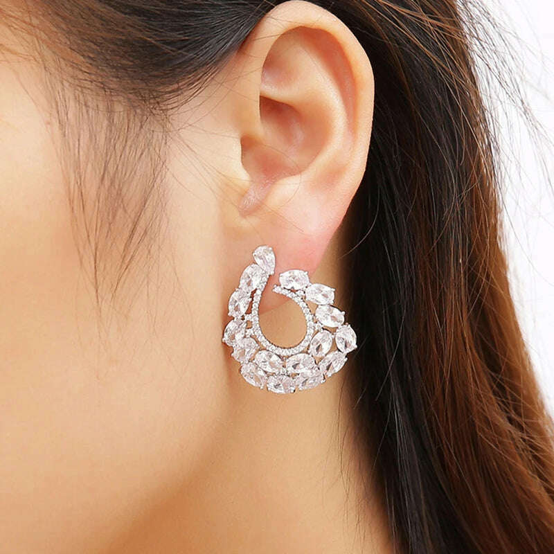 Fashion Noble White Cubic Zirconia Paved Big CZ stud Earrings for Women party wedding earings Brand Jewelry - KIMLUD