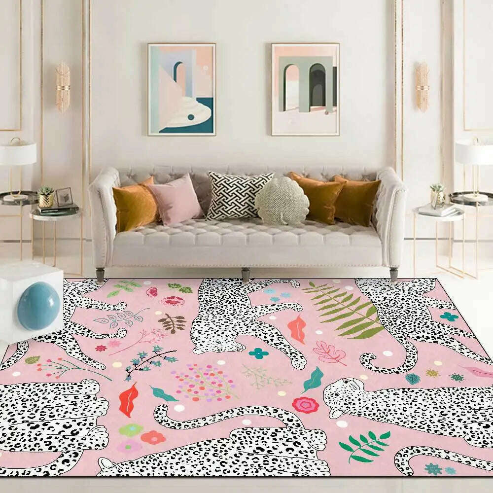 KIMLUD, Fashion Nordic Modern Style Carpet White Leopard Plant Sweet Pink Home Decor Area Rugs Bedroom Bedside Bath Non-Slip Floor Mat, KIMLUD Womens Clothes