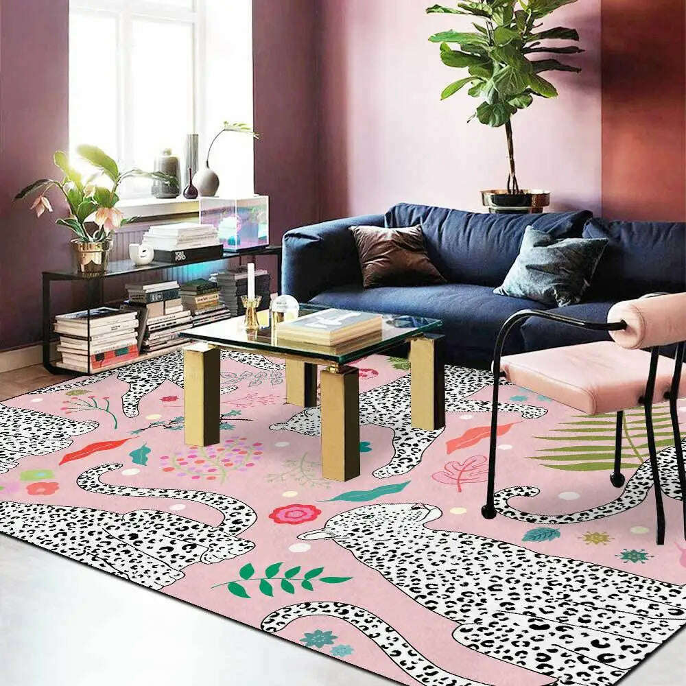KIMLUD, Fashion Nordic Modern Style Carpet White Leopard Plant Sweet Pink Home Decor Area Rugs Bedroom Bedside Bath Non-Slip Floor Mat, KIMLUD Women's Clothes