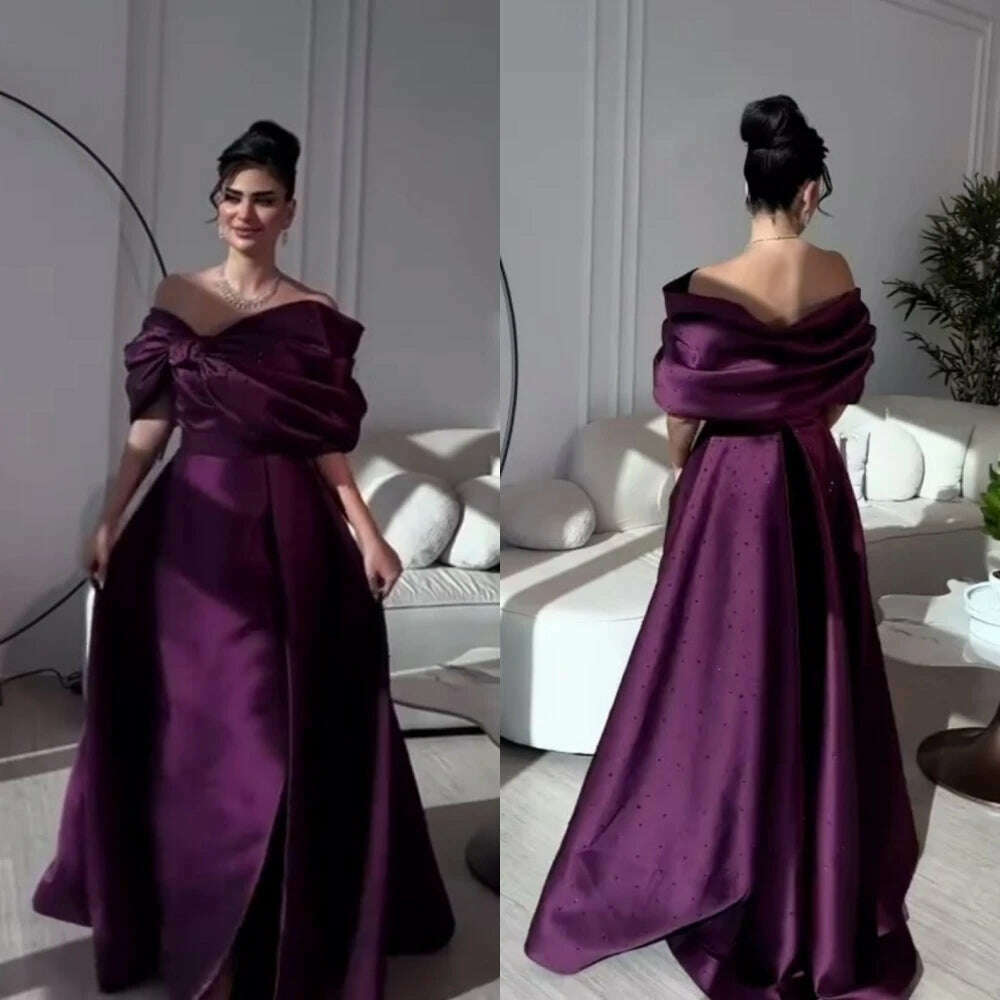 Fashion Off-the-shoulder A-line Floor Length Prom Dresses Bows Beading Satin Formal Occasion Gown vestido de festa mulher luxo - KIMLUD