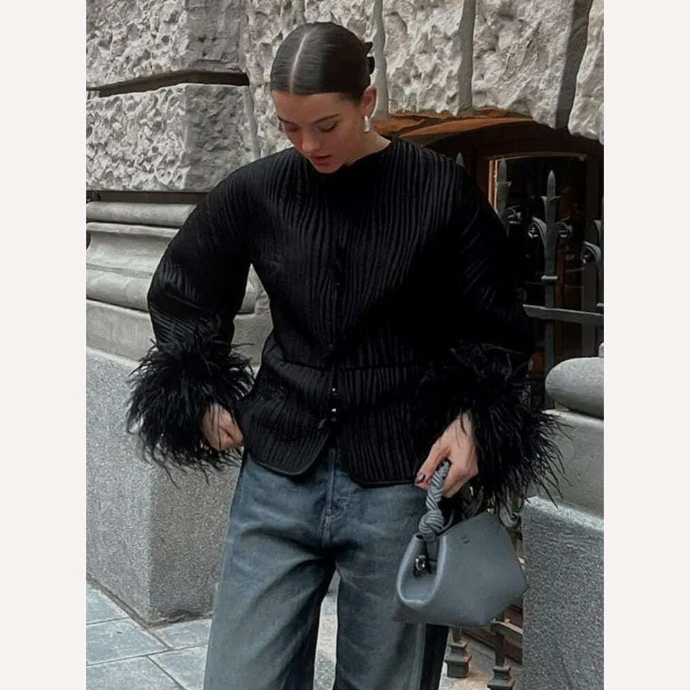 KIMLUD, Fashion Patchwork Solid Folds Coat For Women Elegant Plush Sleeve O Neck Jacket 2023 Autumn Winter Female Office Outerwear, KIMLUD Womens Clothes