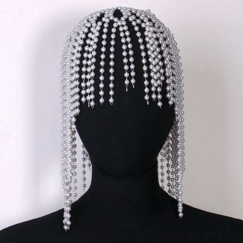 Fashion Pearl Tassel Headpiece Cap Wedding Hair Accessories Indian Jewelry Elegant Bridal Head Chain Hat Women Prom - KIMLUD
