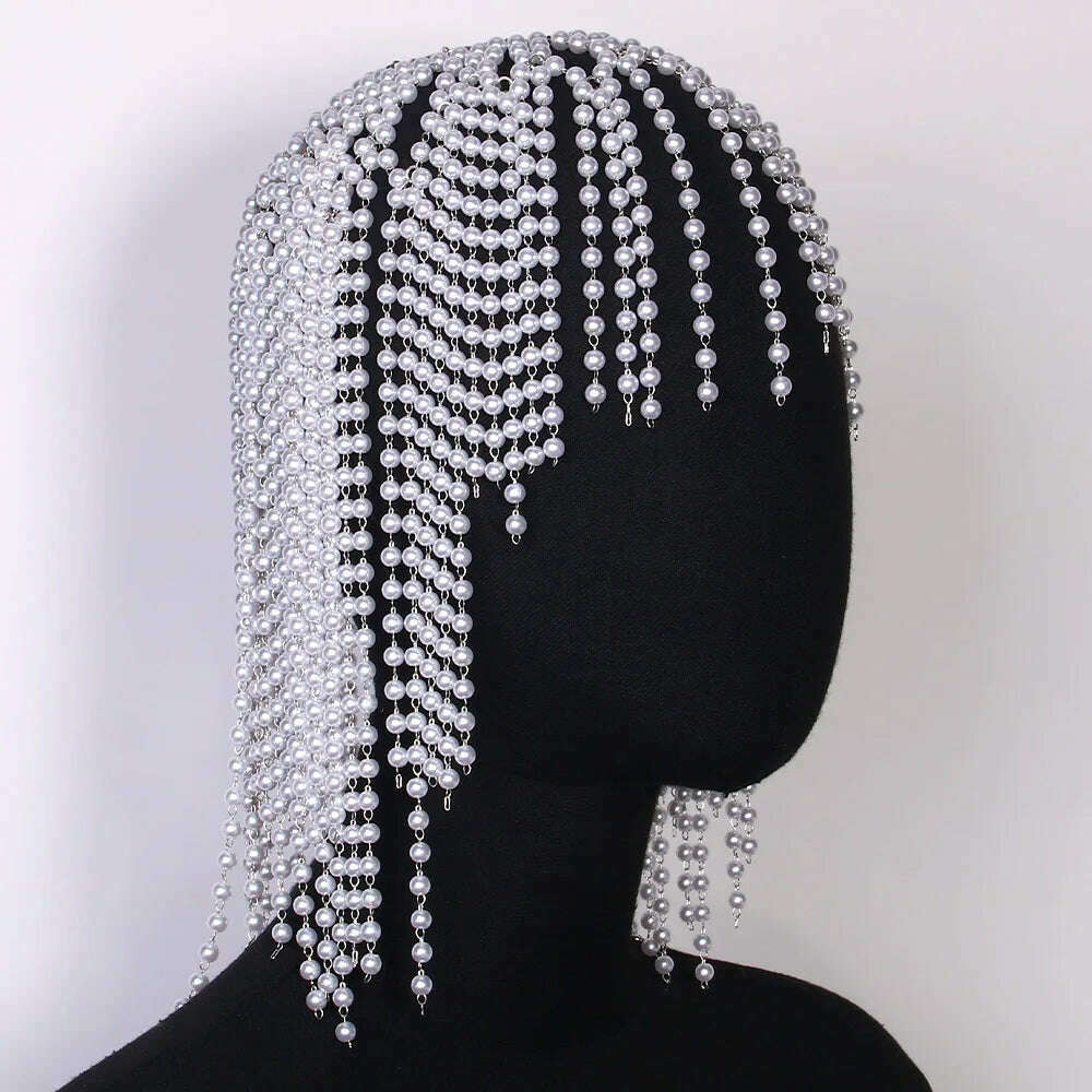 Fashion Pearl Tassel Headpiece Cap Wedding Hair Accessories Indian Jewelry Elegant Bridal Head Chain Hat Women Prom - KIMLUD