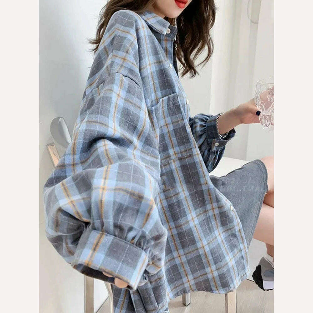 Fashion Plaid Button Up Shirt Women Spring 2022 New Oversize Long Sleeve Tops Female Harajuku Daily All-match Chic Yellow Shirts, Blue / S, KIMLUD Women's Clothes