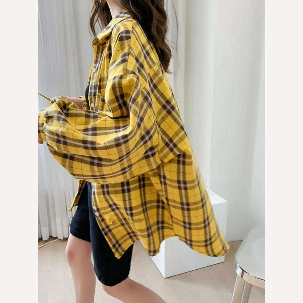 Fashion Plaid Button Up Shirt Women Spring 2022 New Oversize Long Sleeve Tops Female Harajuku Daily All-match Chic Yellow Shirts, Yellow / S, KIMLUD Women's Clothes