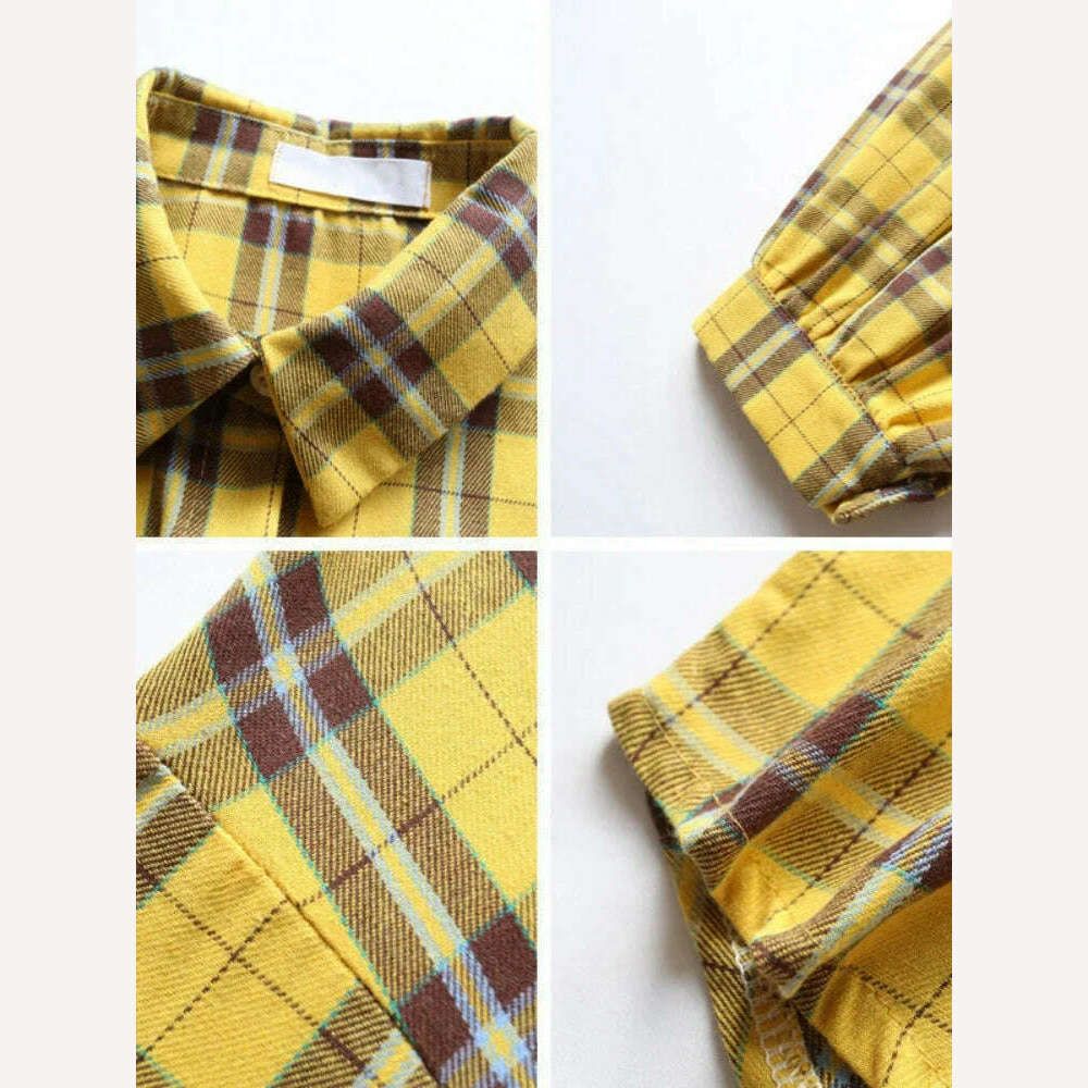 Fashion Plaid Button Up Shirt Women Spring 2022 New Oversize Long Sleeve Tops Female Harajuku Daily All-match Chic Yellow Shirts, KIMLUD Women's Clothes