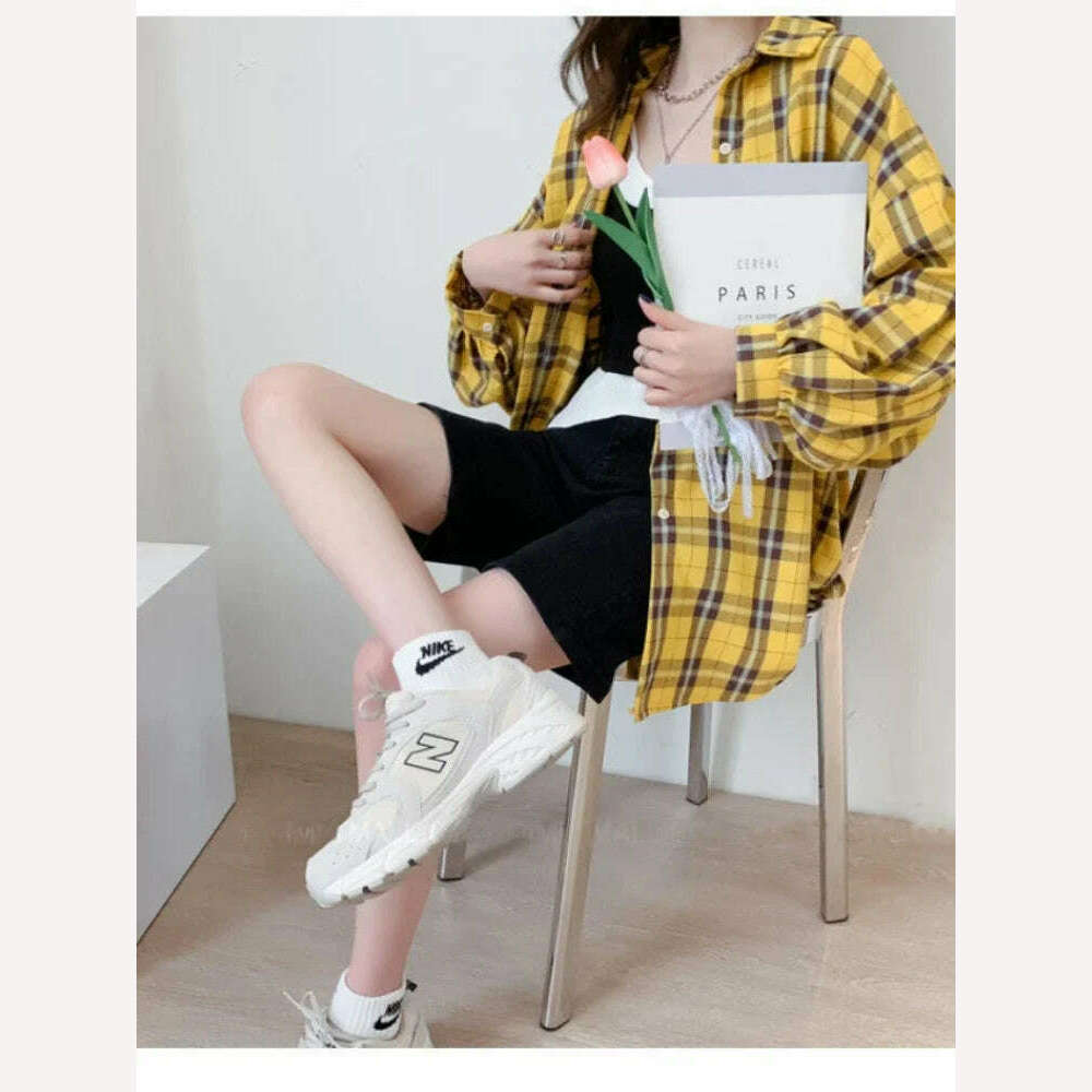 KIMLUD, Fashion Plaid Button Up Shirt Women Spring 2022 New Oversize Long Sleeve Tops Female Harajuku Daily All-match Chic Yellow Shirts, KIMLUD Womens Clothes