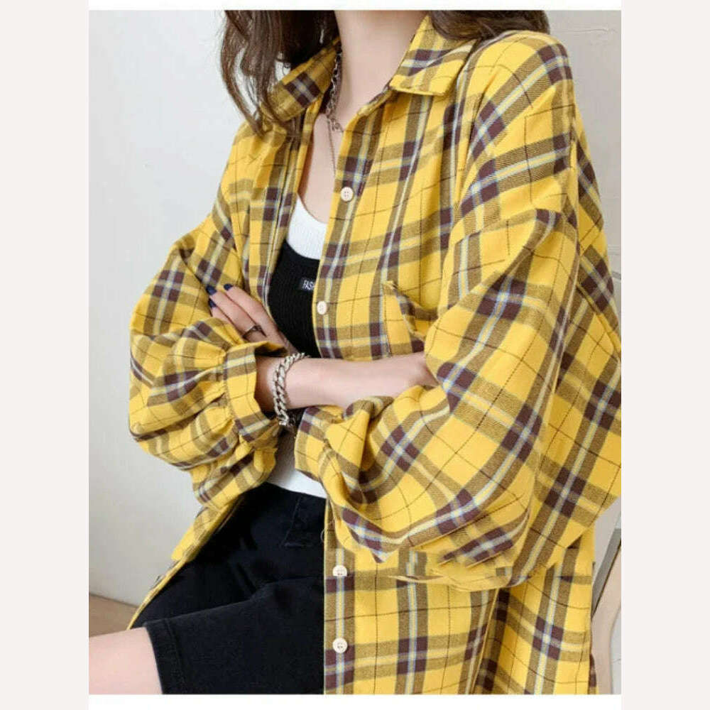 Fashion Plaid Button Up Shirt Women Spring 2022 New Oversize Long Sleeve Tops Female Harajuku Daily All-match Chic Yellow Shirts, KIMLUD Women's Clothes
