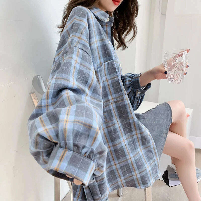 KIMLUD, Fashion Plaid Button Up Shirt Women Spring 2022 New Oversize Long Sleeve Tops Female Harajuku Daily All-match Chic Yellow Shirts, KIMLUD Womens Clothes