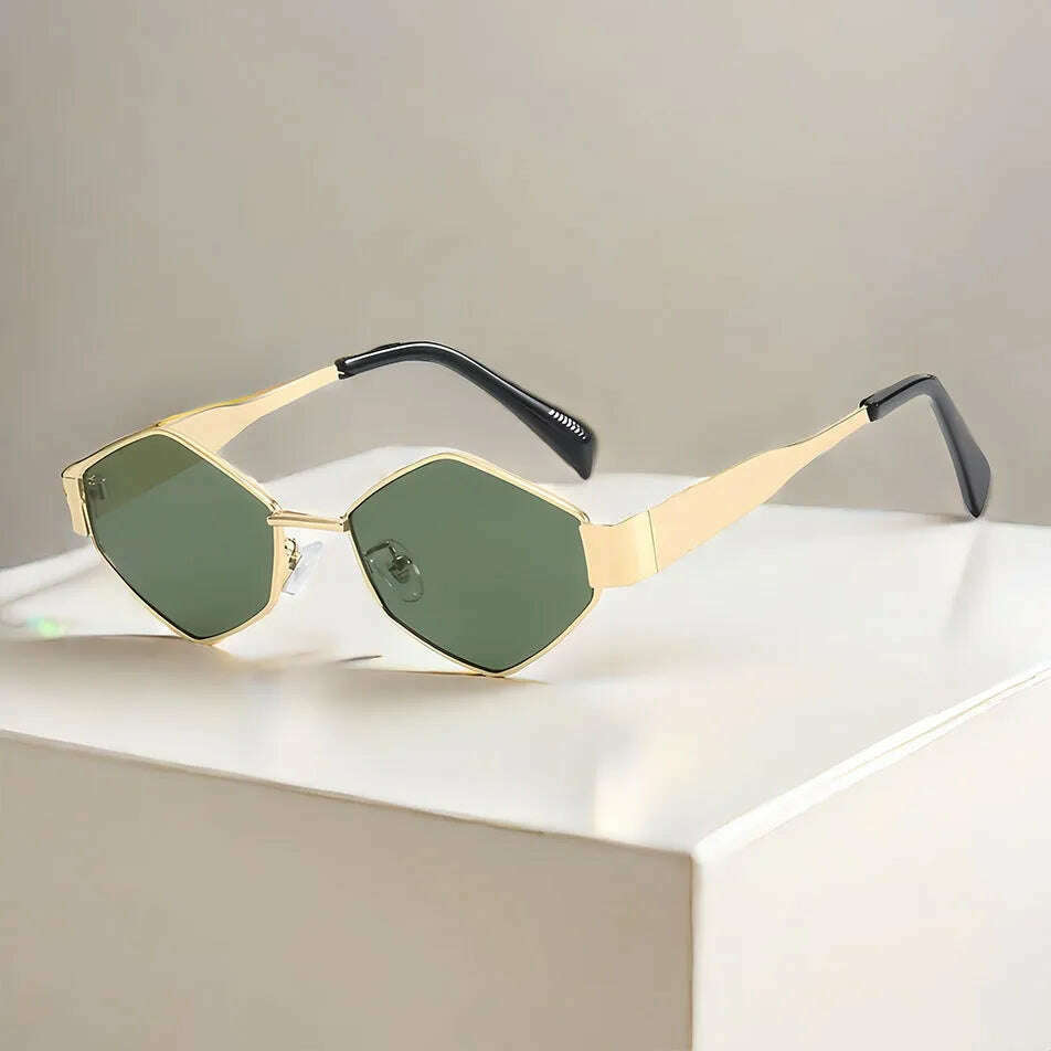 KIMLUD, Fashion Polygonal Women Sunglasses 2024 Vintage Brand Rhombus Ladies Sun glasses Shades Unique Metal Frame Punk Eyewear Men, Gold Green, KIMLUD APPAREL - Womens Clothes
