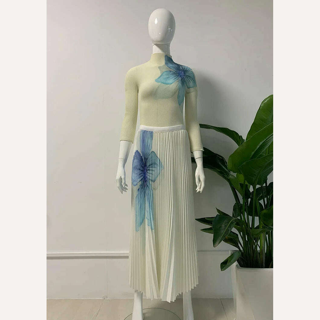 KIMLUD, Fashion Printed High Neck Elastic Slim Fitting T-shirt+printed Long Pleated Skirt Two-piece 2024 Autumn Elegant Women Skirt Set, KIMLUD Women's Clothes