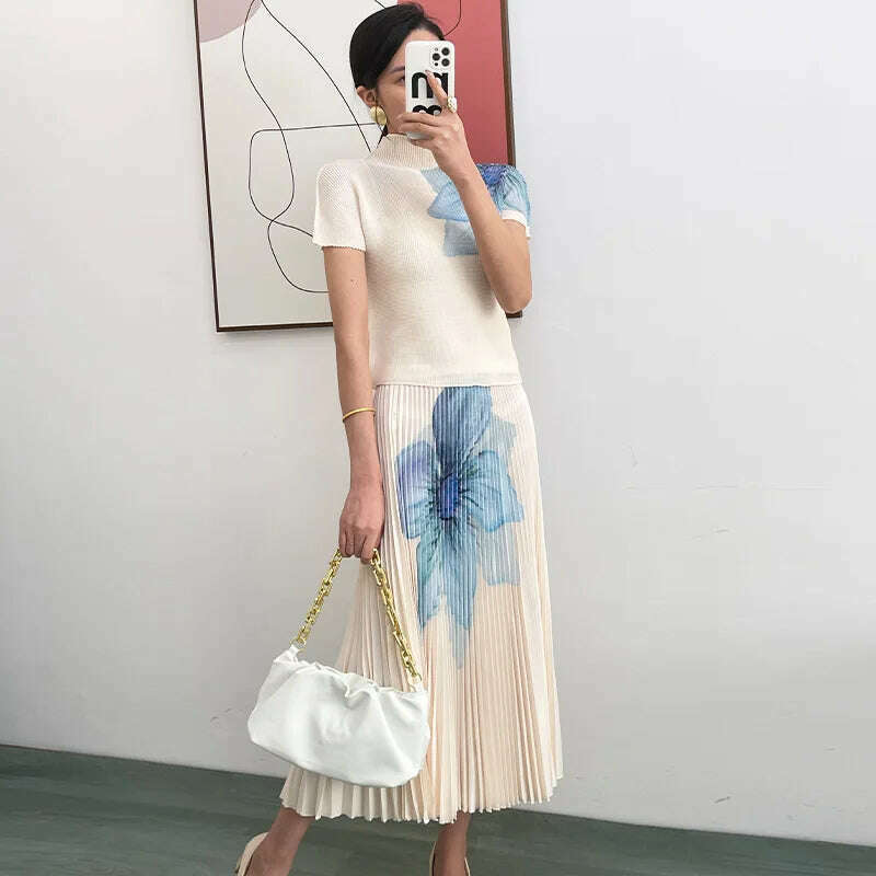 KIMLUD, Fashion Printed High Neck Elastic Slim Fitting T-shirt+printed Long Pleated Skirt Two-piece 2024 Autumn Elegant Women Skirt Set, KIMLUD Womens Clothes