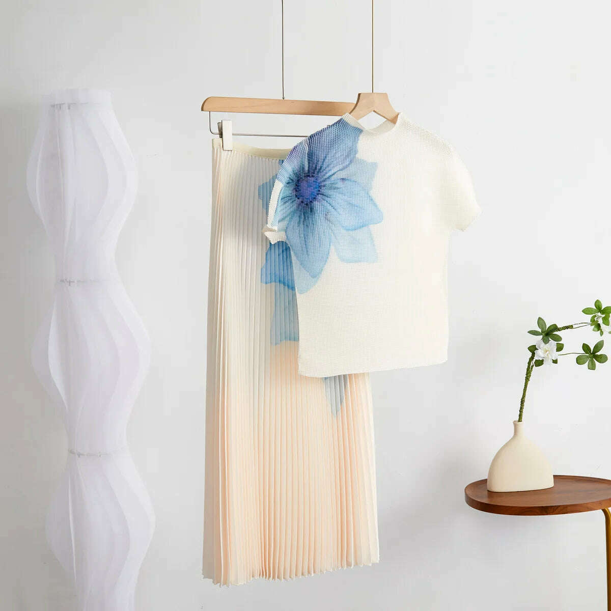 KIMLUD, Fashion Printed High Neck Elastic Slim Fitting T-shirt+printed Long Pleated Skirt Two-piece 2024 Autumn Elegant Women Skirt Set, KIMLUD Womens Clothes