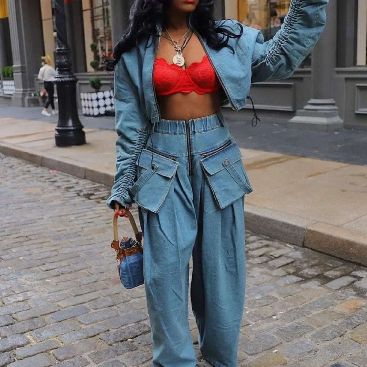 fashion retro women's casual wide leg loose heavy duty denim two-piece set for women two piece set women sexy club zevity - KIMLUD