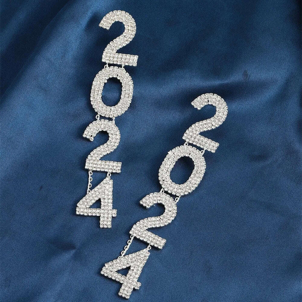 KIMLUD, Fashion Rhinestone 2024 Digital Pendant Drop Earrings Christmas Gift for Women Crystal Geometric Long Dangle Hanging Earrings, KIMLUD Women's Clothes
