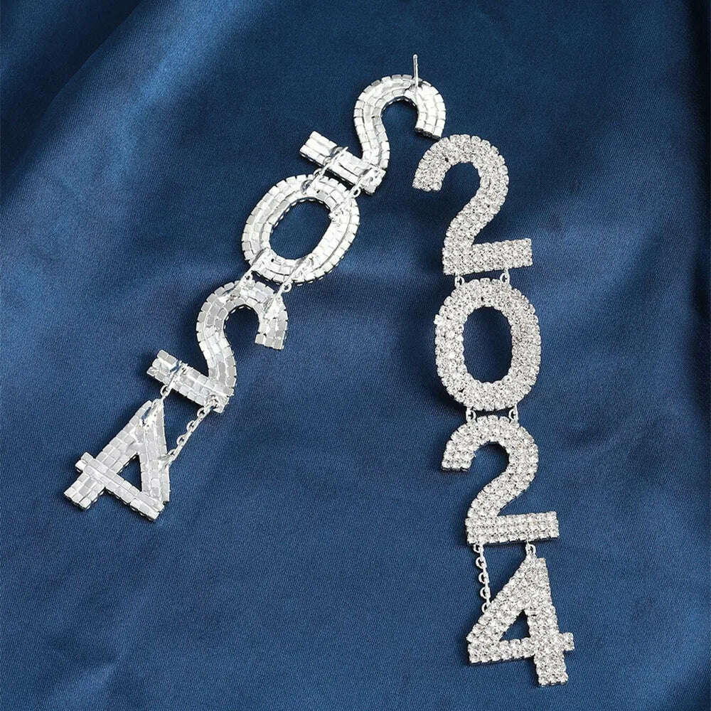 KIMLUD, Fashion Rhinestone 2024 Digital Pendant Drop Earrings Christmas Gift for Women Crystal Geometric Long Dangle Hanging Earrings, KIMLUD Women's Clothes