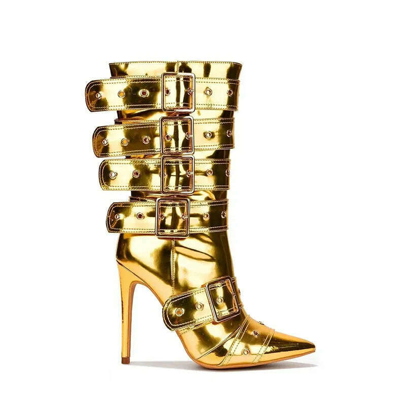 KIMLUD, Fashion Runway Belt Buckle Pointed Golden Black Mid-calf Boots 2023 New European American Slim High Heels Women's Shoes Size 43, GD-2gold / 35, KIMLUD Womens Clothes