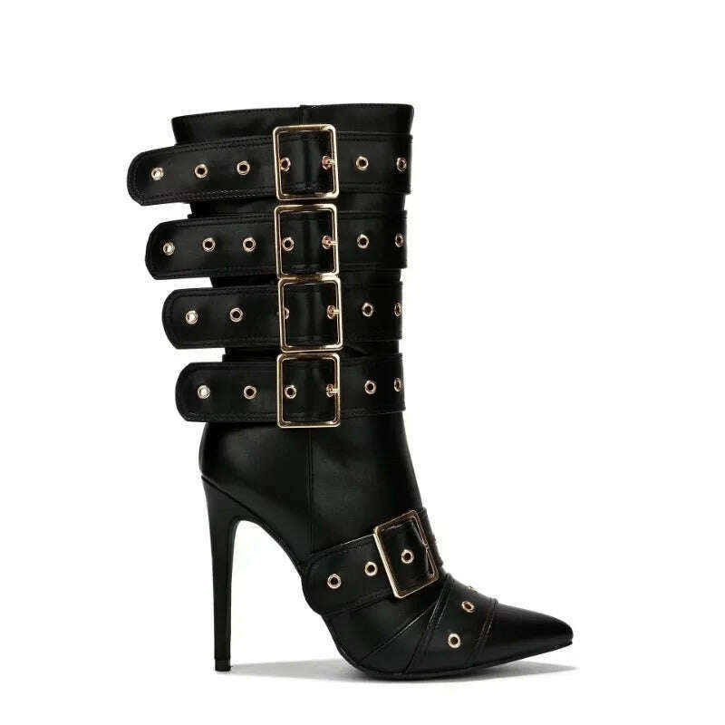 KIMLUD, Fashion Runway Belt Buckle Pointed Golden Black Mid-calf Boots 2023 New European American Slim High Heels Women's Shoes Size 43, GD-2black / 35, KIMLUD Women's Clothes