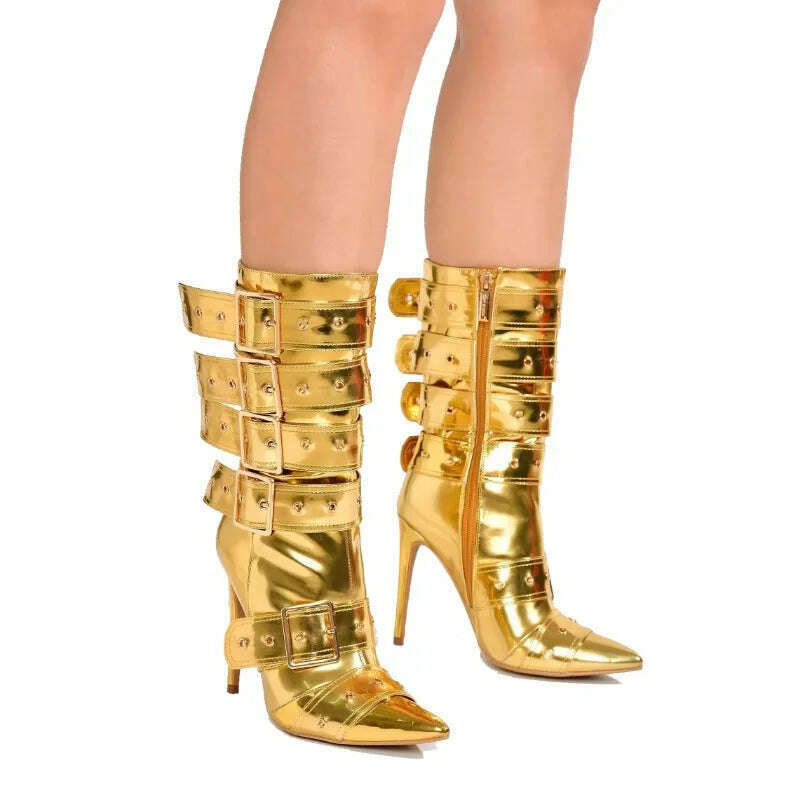 KIMLUD, Fashion Runway Belt Buckle Pointed Golden Black Mid-calf Boots 2023 New European American Slim High Heels Women's Shoes Size 43, KIMLUD Women's Clothes
