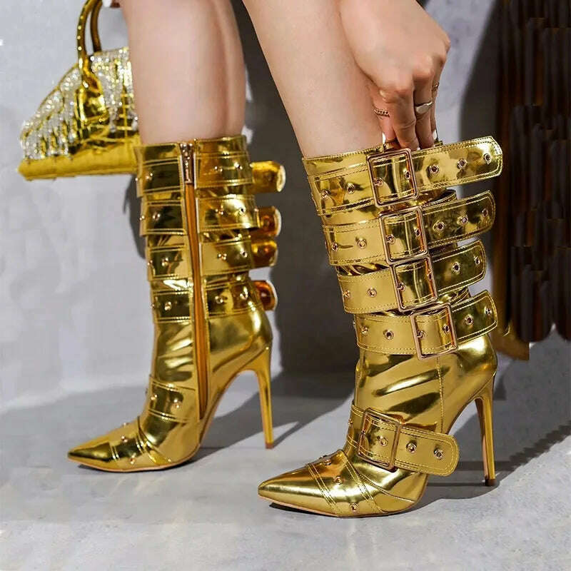KIMLUD, Fashion Runway Belt Buckle Pointed Golden Black Mid-calf Boots 2023 New European American Slim High Heels Women's Shoes Size 43, KIMLUD Womens Clothes