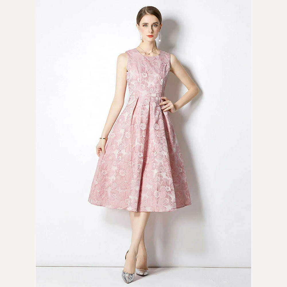 KIMLUD, Fashion Runway Women's Sleeveles Floral Jacquard Dress for Summer Party Elegant High Waist Casual Tank Robe Femme 2022 New, pink 262 / S, KIMLUD APPAREL - Womens Clothes