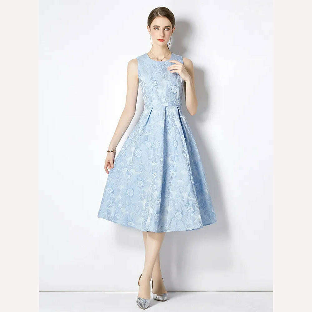 KIMLUD, Fashion Runway Women's Sleeveles Floral Jacquard Dress for Summer Party Elegant High Waist Casual Tank Robe Femme 2022 New, Blue 263 / S, KIMLUD APPAREL - Womens Clothes