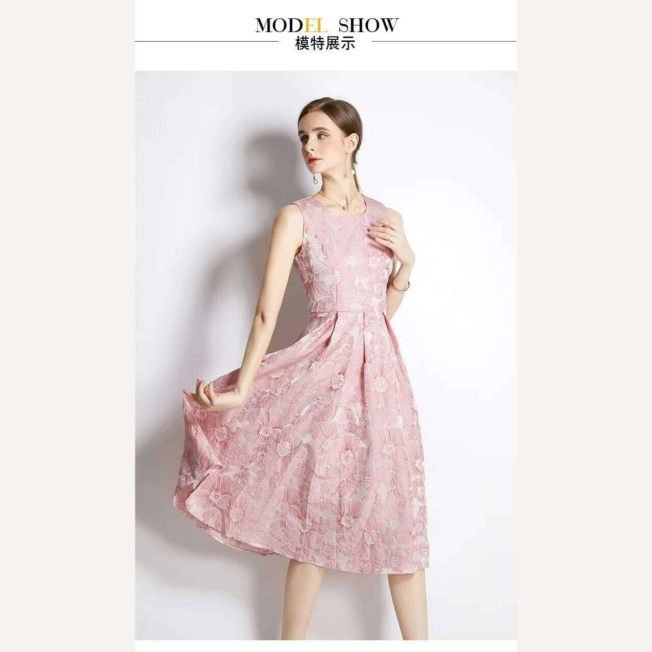 KIMLUD, Fashion Runway Women's Sleeveles Floral Jacquard Dress for Summer Party Elegant High Waist Casual Tank Robe Femme 2022 New, KIMLUD Women's Clothes