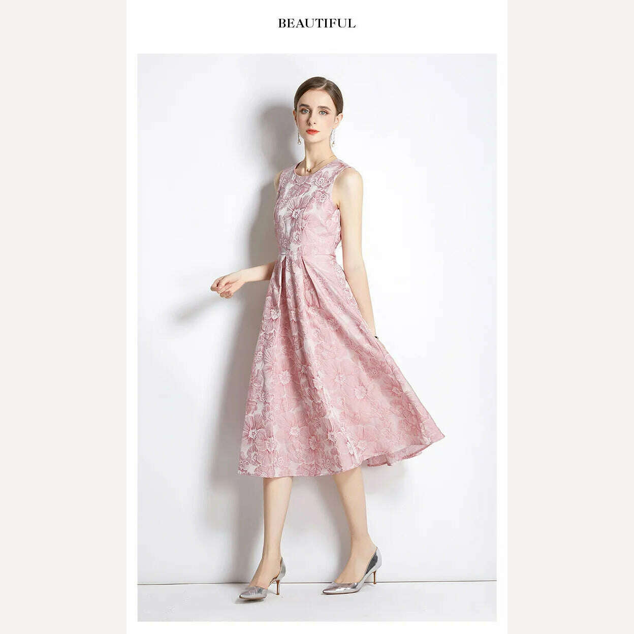 KIMLUD, Fashion Runway Women's Sleeveles Floral Jacquard Dress for Summer Party Elegant High Waist Casual Tank Robe Femme 2022 New, KIMLUD Women's Clothes