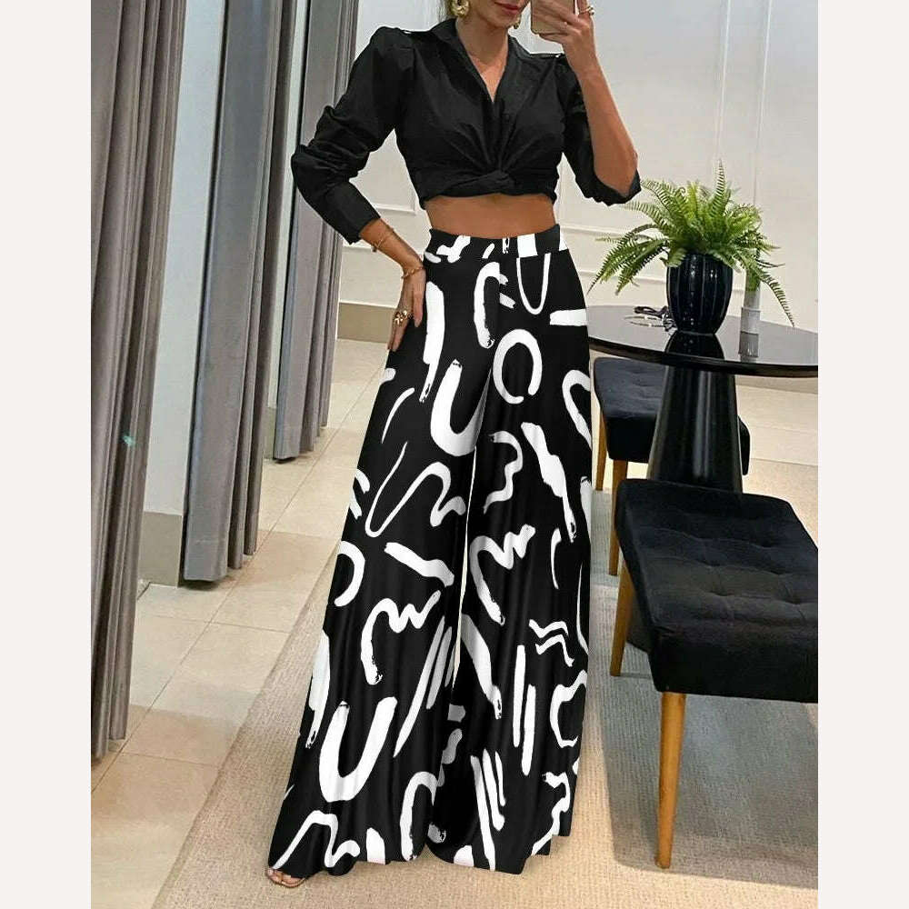 Fashion Sets 2022 Autumn European and American Style Street Trendy Women&#39;s Embossed Polyester Shirt High Waist Casual Pants Set - KIMLUD