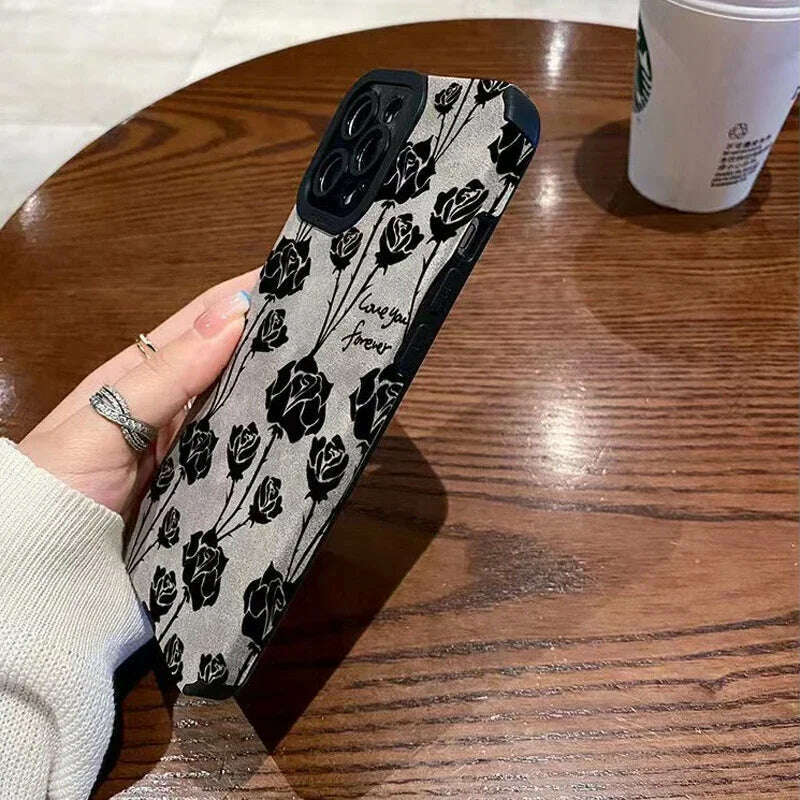 KIMLUD, Fashion Sheepskin Retro Rose Pattern Phone Case For iPhone 11 12 13 14 Pro Max 14Plus 7 8 Plus X XS Max XR Leather Back Cover, KIMLUD Womens Clothes