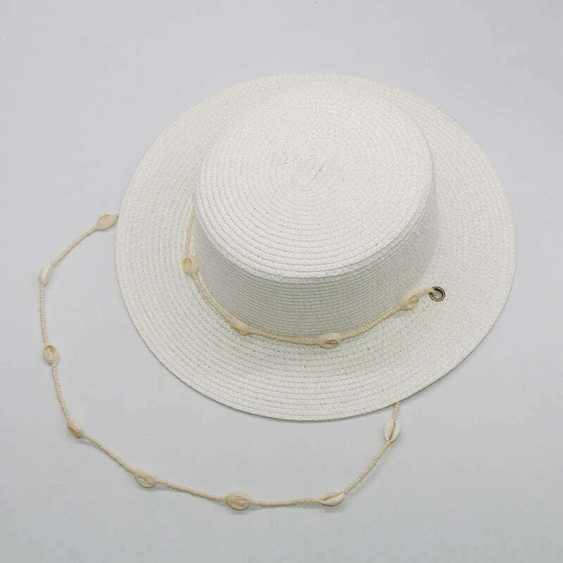 KIMLUD, Fashion shell Chain Beach Hat For Women Summer Flat White Sun Hats Necklace Strape Hat, whie, KIMLUD APPAREL - Womens Clothes