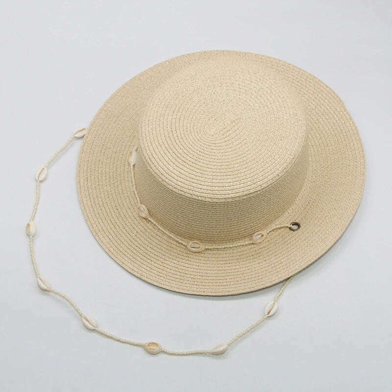 KIMLUD, Fashion shell Chain Beach Hat For Women Summer Flat White Sun Hats Necklace Strape Hat, beige, KIMLUD APPAREL - Womens Clothes