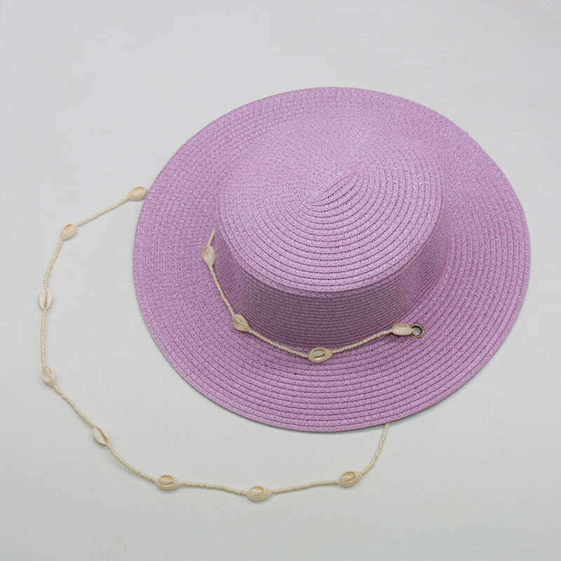 KIMLUD, Fashion shell Chain Beach Hat For Women Summer Flat White Sun Hats Necklace Strape Hat, purple, KIMLUD APPAREL - Womens Clothes