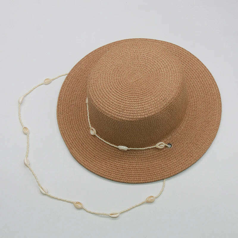 KIMLUD, Fashion shell Chain Beach Hat For Women Summer Flat White Sun Hats Necklace Strape Hat, camel, KIMLUD APPAREL - Womens Clothes