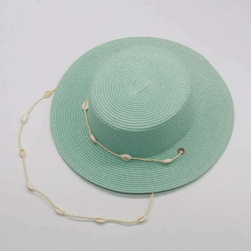 KIMLUD, Fashion shell Chain Beach Hat For Women Summer Flat White Sun Hats Necklace Strape Hat, green, KIMLUD APPAREL - Womens Clothes