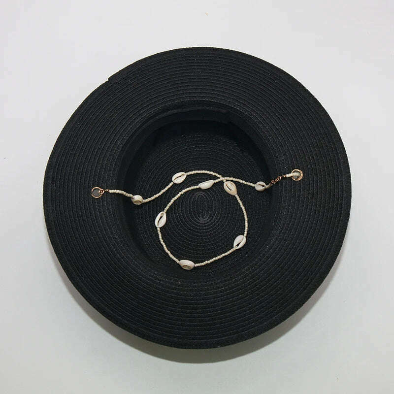 KIMLUD, Fashion shell Chain Beach Hat For Women Summer Flat White Sun Hats Necklace Strape Hat, KIMLUD Womens Clothes