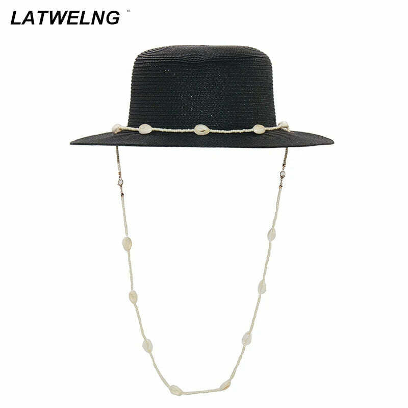 KIMLUD, Fashion shell Chain Beach Hat For Women Summer Flat White Sun Hats Necklace Strape Hat, KIMLUD Womens Clothes