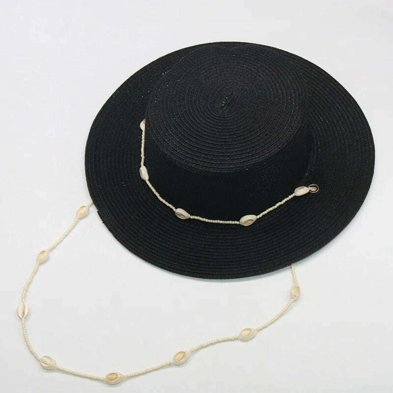 KIMLUD, Fashion shell Chain Beach Hat For Women Summer Flat White Sun Hats Necklace Strape Hat, KIMLUD Womens Clothes