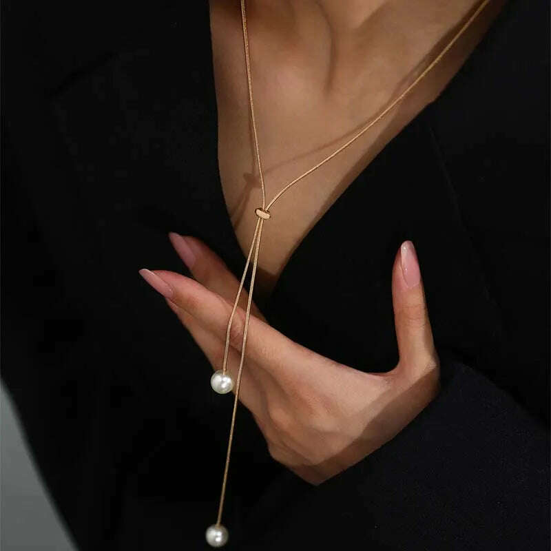 Fashion Silver Color Long Tassel Pull Pearl Pendant Necklaces for Women Simple Adjustable Clavicle Chain Choker Jewelry Gift - KIMLUD