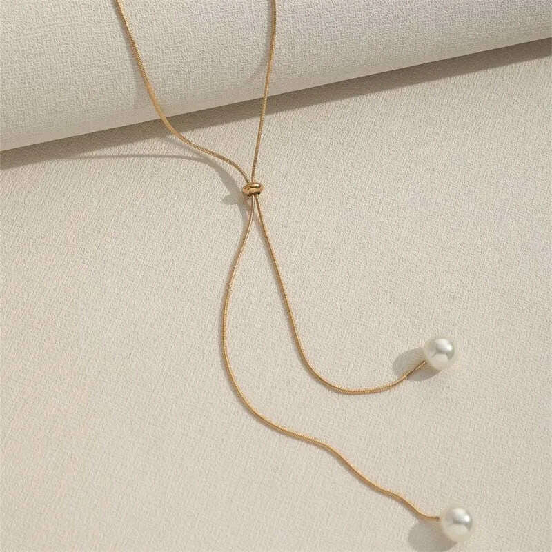 KIMLUD, Fashion Silver Color Long Tassel Pull Pearl Pendant Necklaces for Women Simple Adjustable Clavicle Chain Choker Jewelry Gift, KIMLUD Womens Clothes