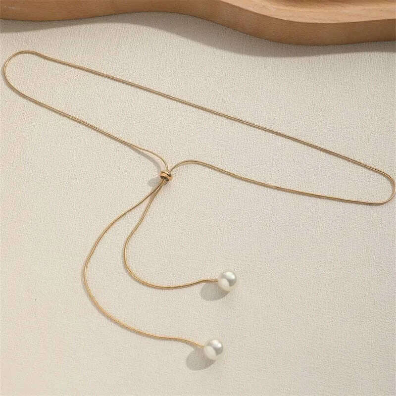 Fashion Silver Color Long Tassel Pull Pearl Pendant Necklaces for Women Simple Adjustable Clavicle Chain Choker Jewelry Gift - KIMLUD
