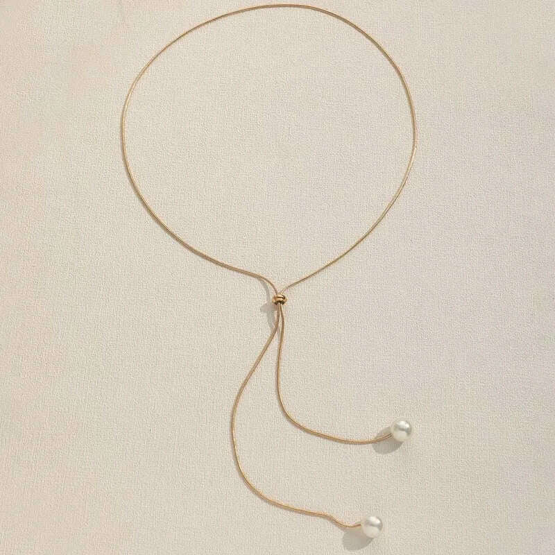 Fashion Silver Color Long Tassel Pull Pearl Pendant Necklaces for Women Simple Adjustable Clavicle Chain Choker Jewelry Gift - KIMLUD
