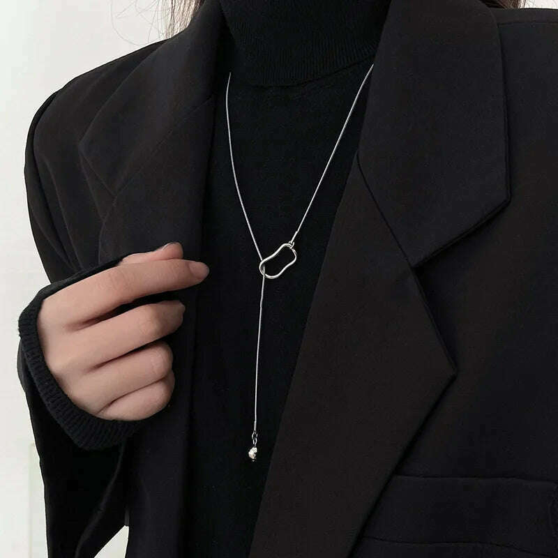 Fashion Silver Color Long Tassel Pull Pearl Pendant Necklaces for Women Simple Adjustable Clavicle Chain Choker Jewelry Gift - KIMLUD