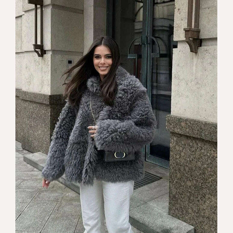 KIMLUD, Fashion Single Breasted Faux Fur Coat Women 2023 Winter New Thickened Warm Oversized Plush Jackets Female Loose Street Overcoat, KIMLUD Womens Clothes