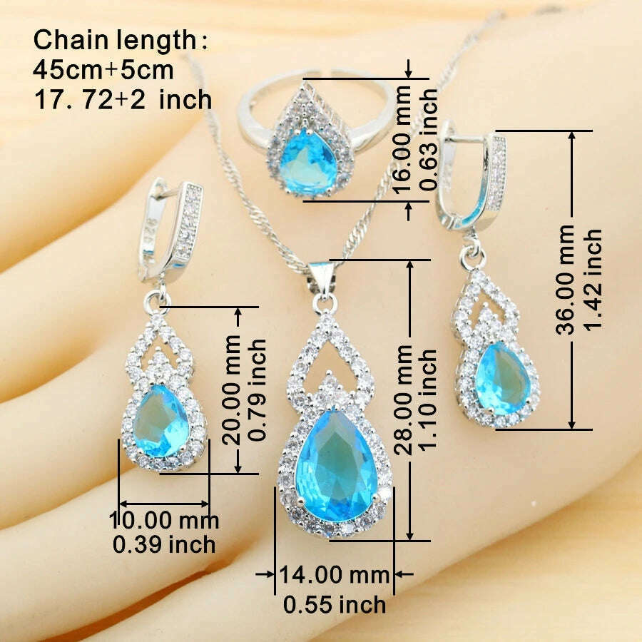 KIMLUD, Fashion Sky Blue Water Drop Zirconia 925 Silver Jewelry Sets for Women Earrings Necklace Pendant Ring Bracelet Wedding Gift, KIMLUD Womens Clothes