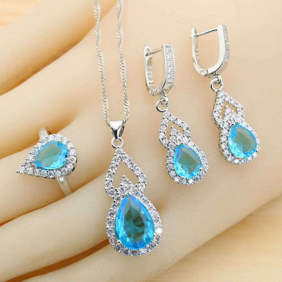 KIMLUD, Fashion Sky Blue Water Drop Zirconia 925 Silver Jewelry Sets for Women Earrings Necklace Pendant Ring Bracelet Wedding Gift, KIMLUD Womens Clothes